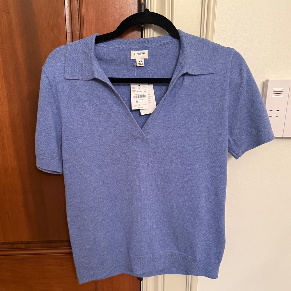 J.Crew Blue V-Neck Collared Top, Size XS. NWT.
